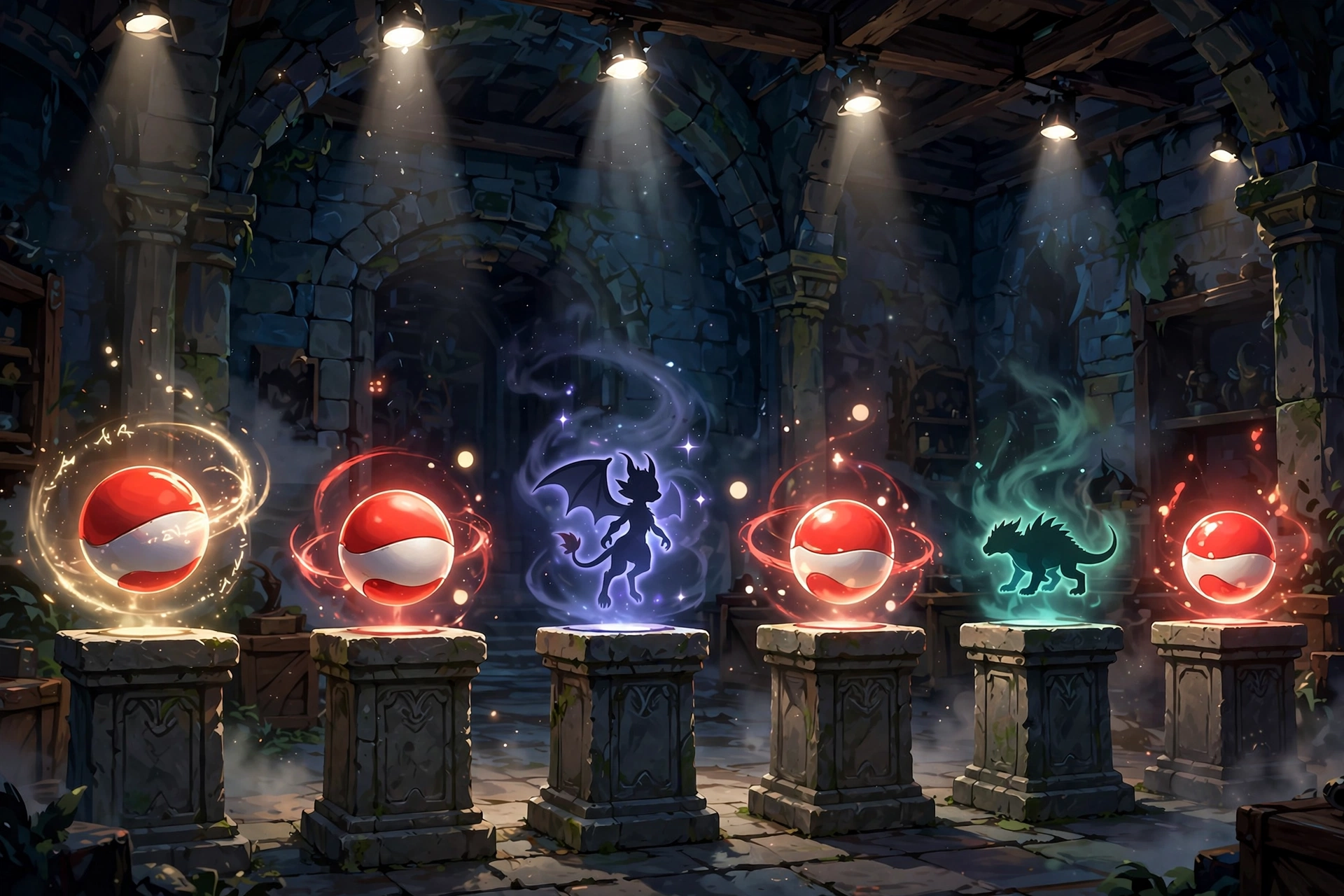 Glowing Pokeballs and rare creature silhouettes on pedestals