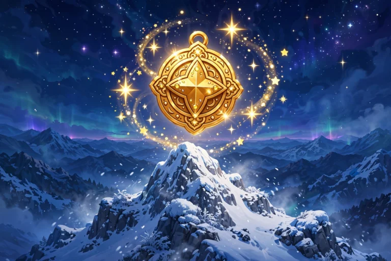 Sparkling golden lucky charm amulet glowing over snowy mountain summit