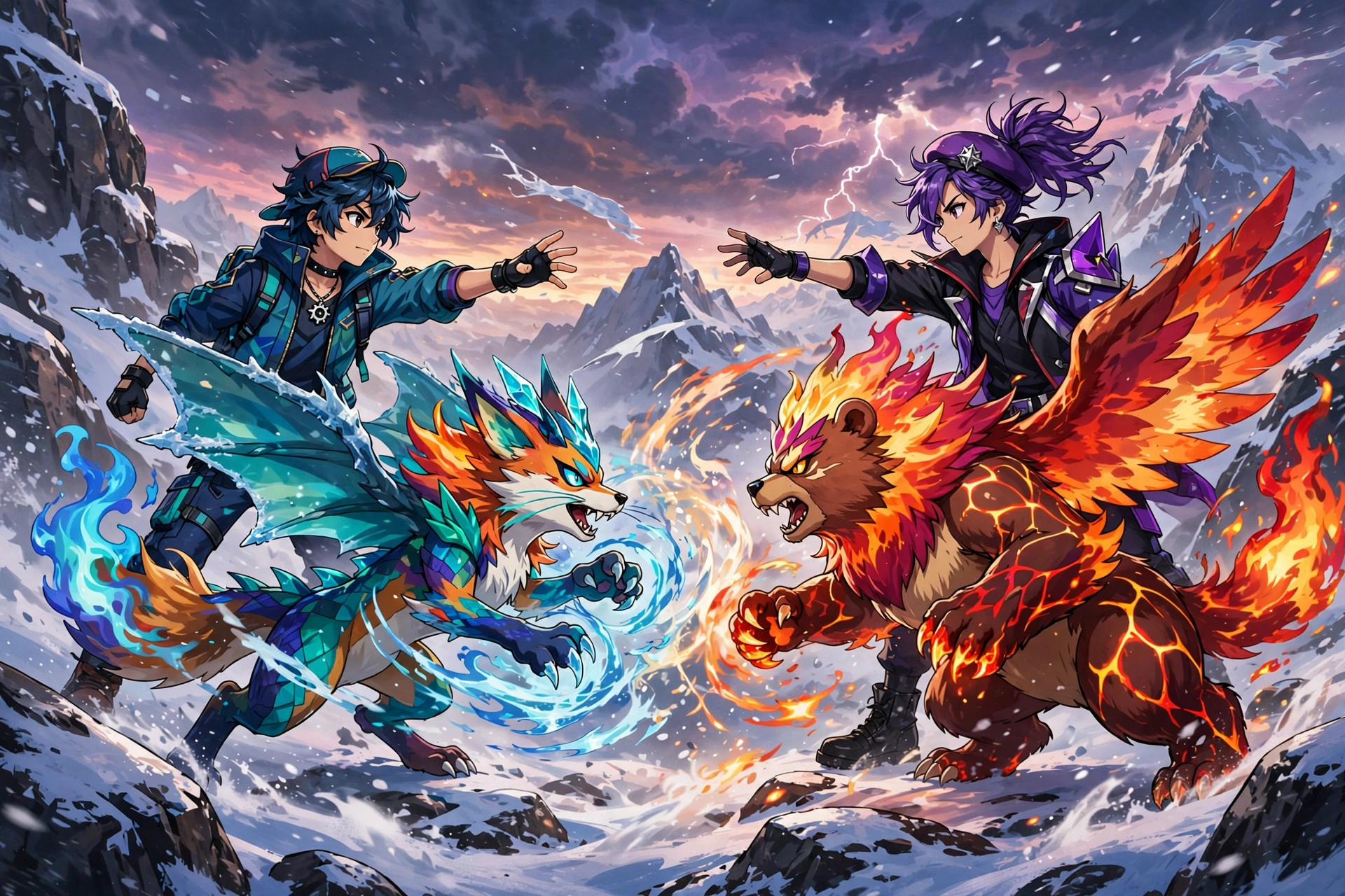 Epic trainer battle on snowy mountain summit with fusion creatures