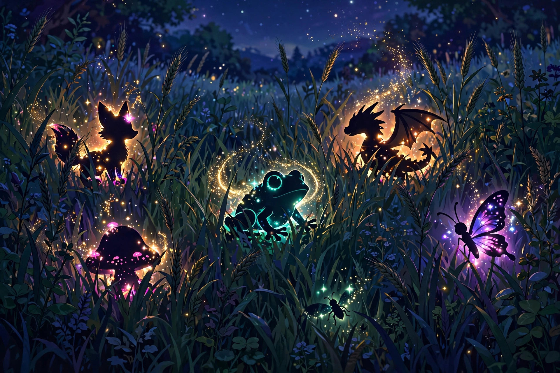 Golden sparkles shimmering on creature silhouettes in tall grass at night