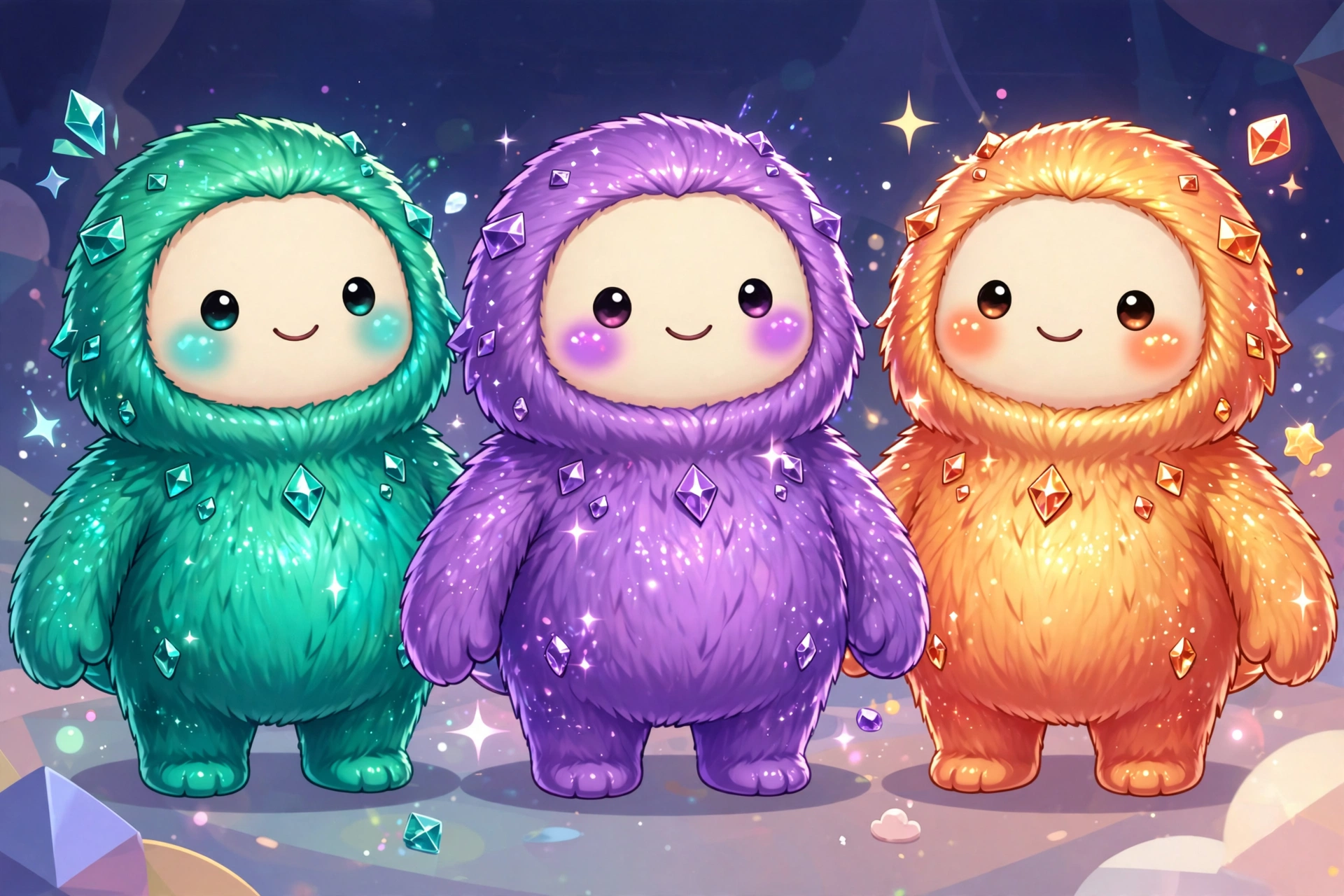 Three shiny color variant schemes of fused creature side by side