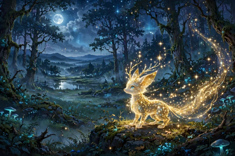 Sparkling golden shiny creature in moonlit night forest