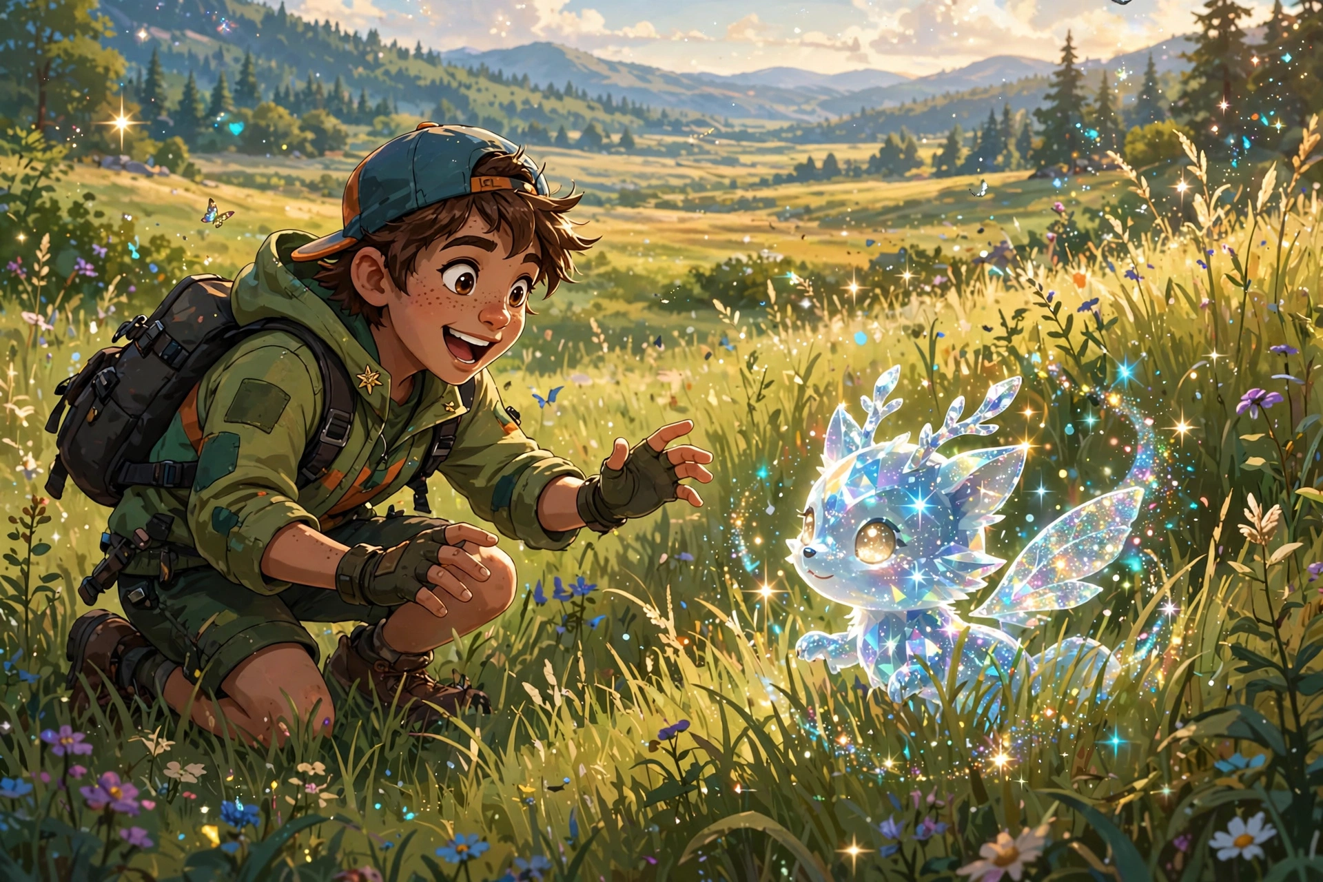 Trainer discovering sparkling shiny creature in tall grass