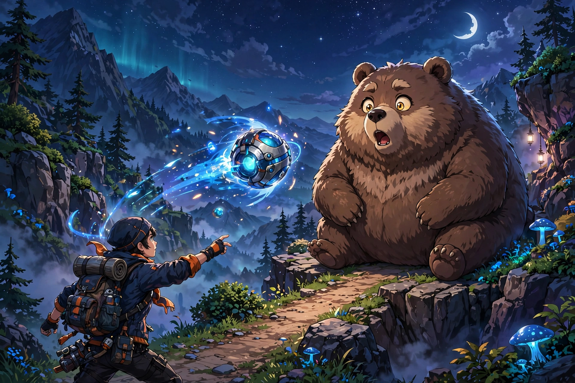 Trainer catching Snorlax on a night mountain route
