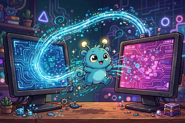 Cartoon creature jumping between monitors with glowing transfer cable connection