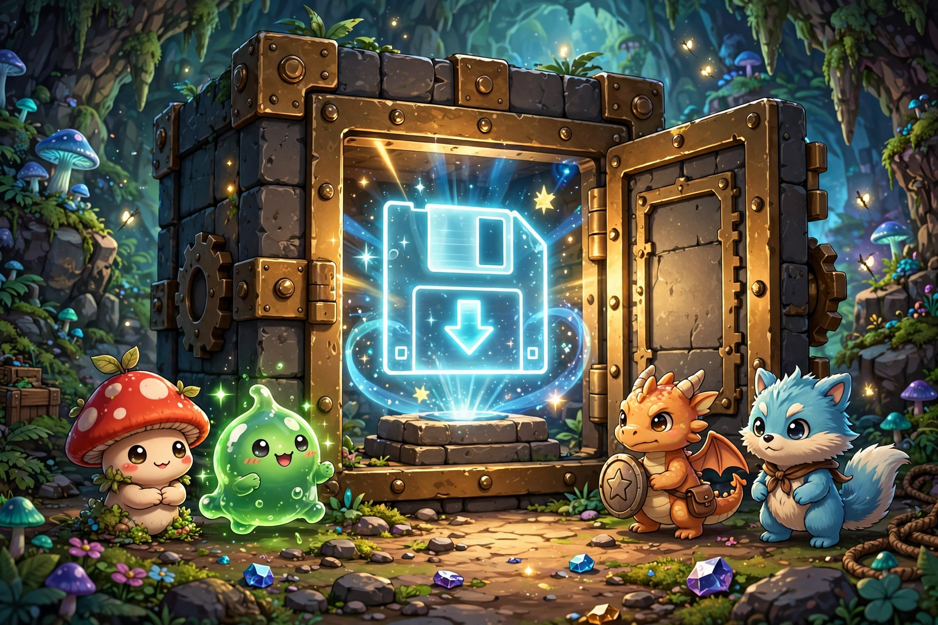Open safe vault protecting glowing save game file from cartoon creatures