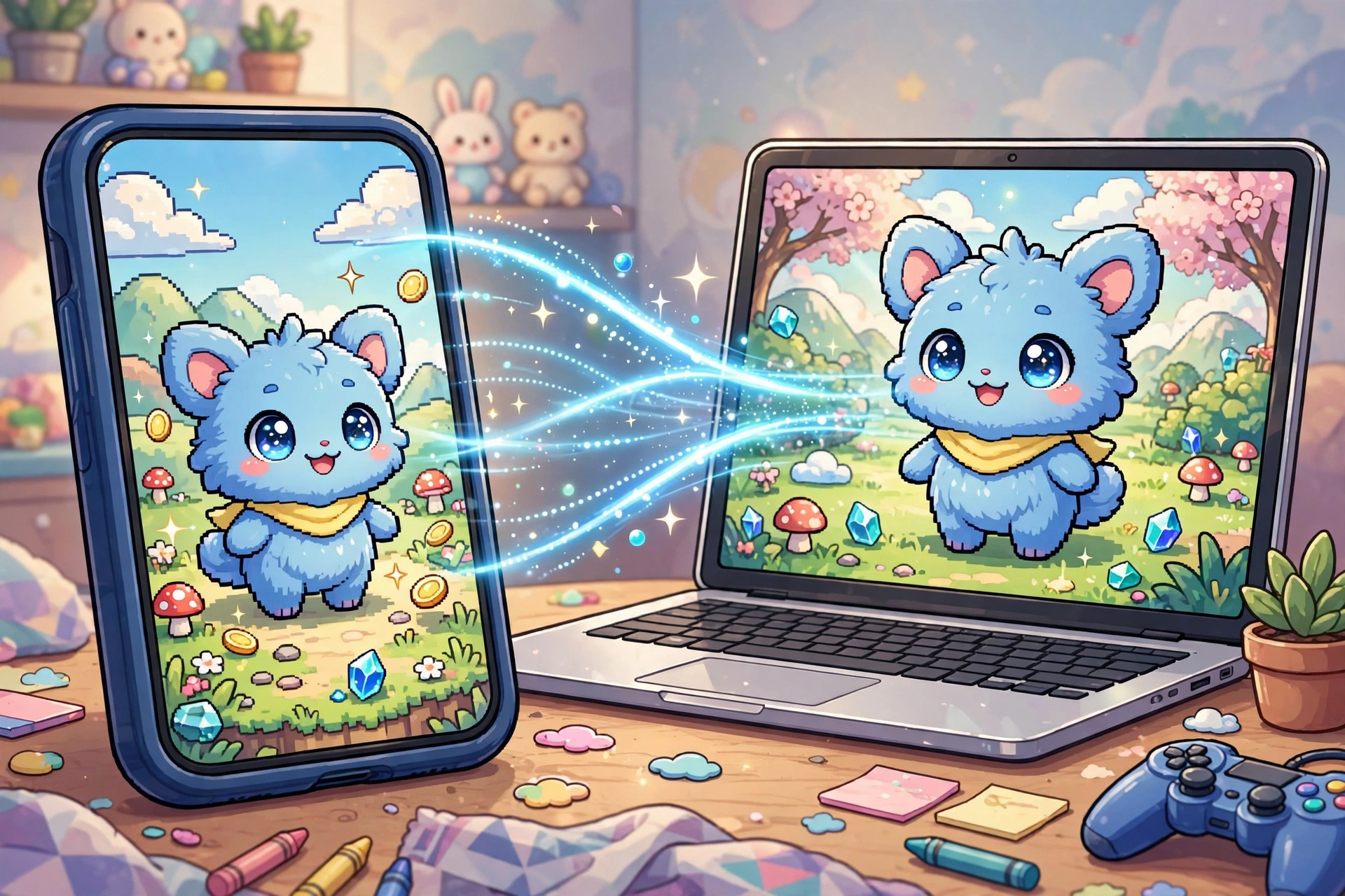 Smartphone and laptop sharing game creature over wireless transfer waves