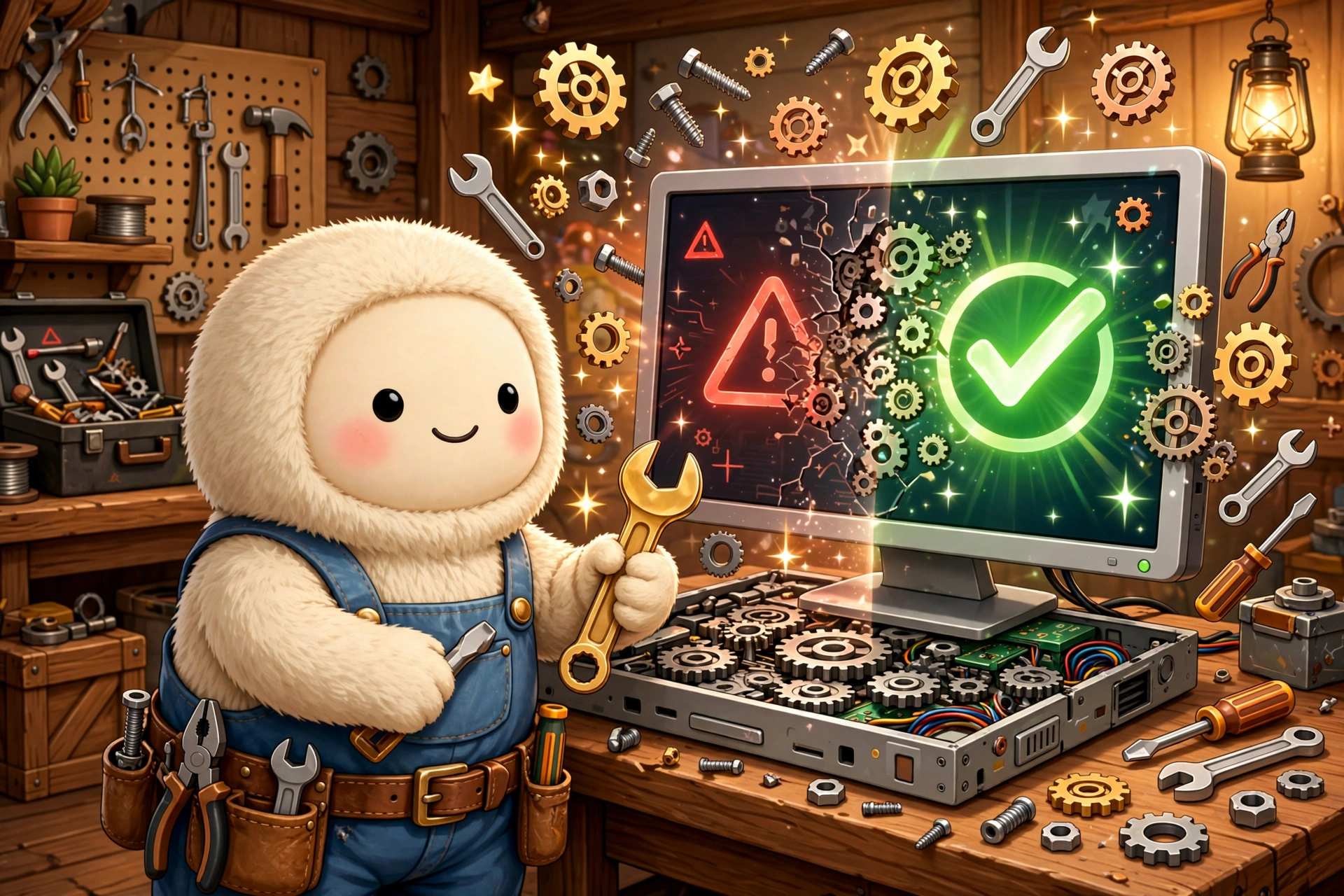 Cartoon mechanic creature fixing computer with floating gears and tools