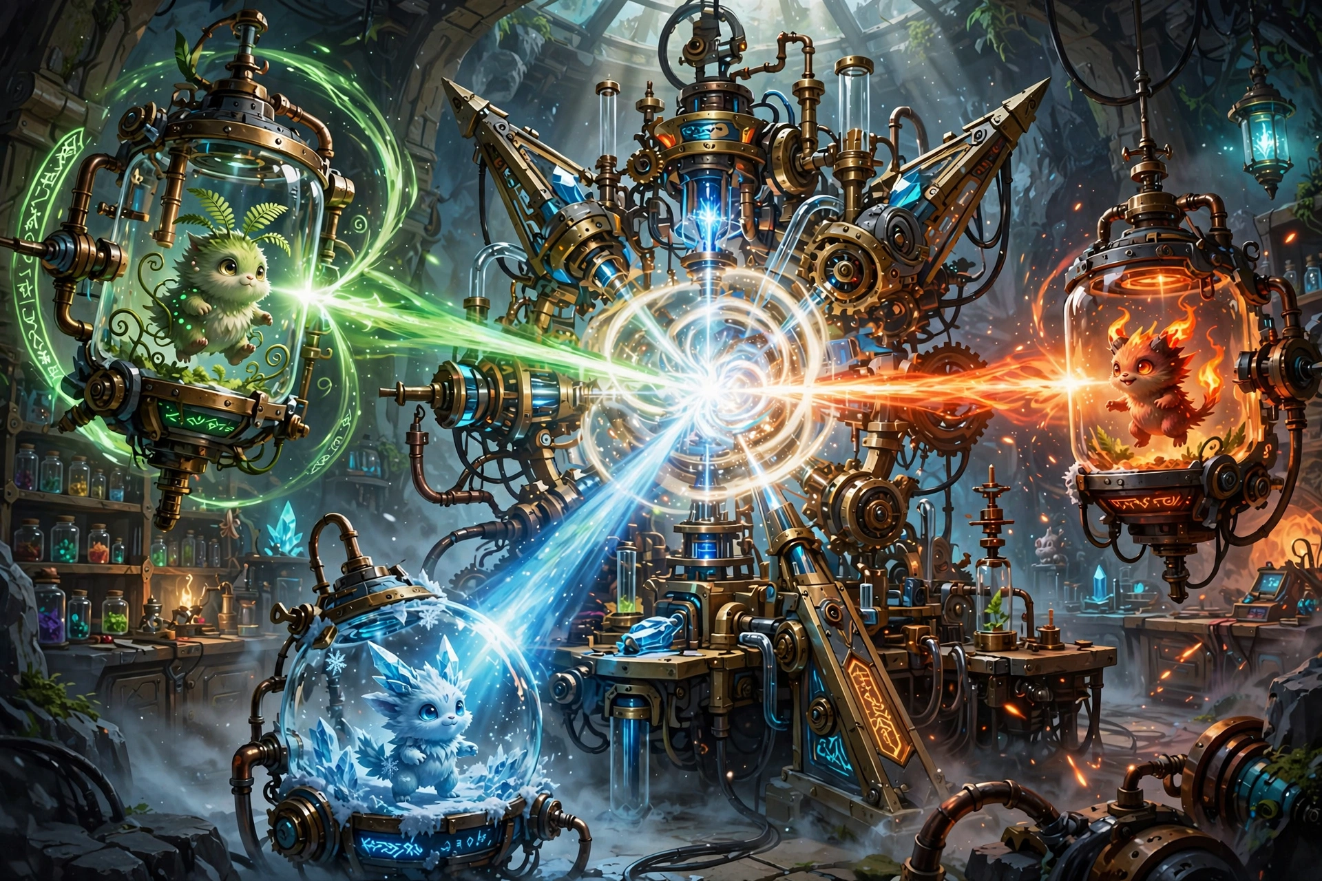 Fusion machine combining three creatures with light beams