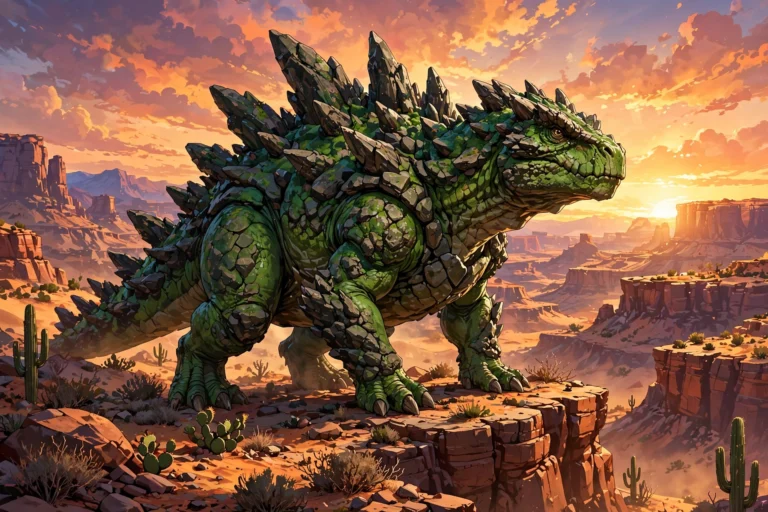 Giant armored green dinosaur creature standing on desert mesa at sunset