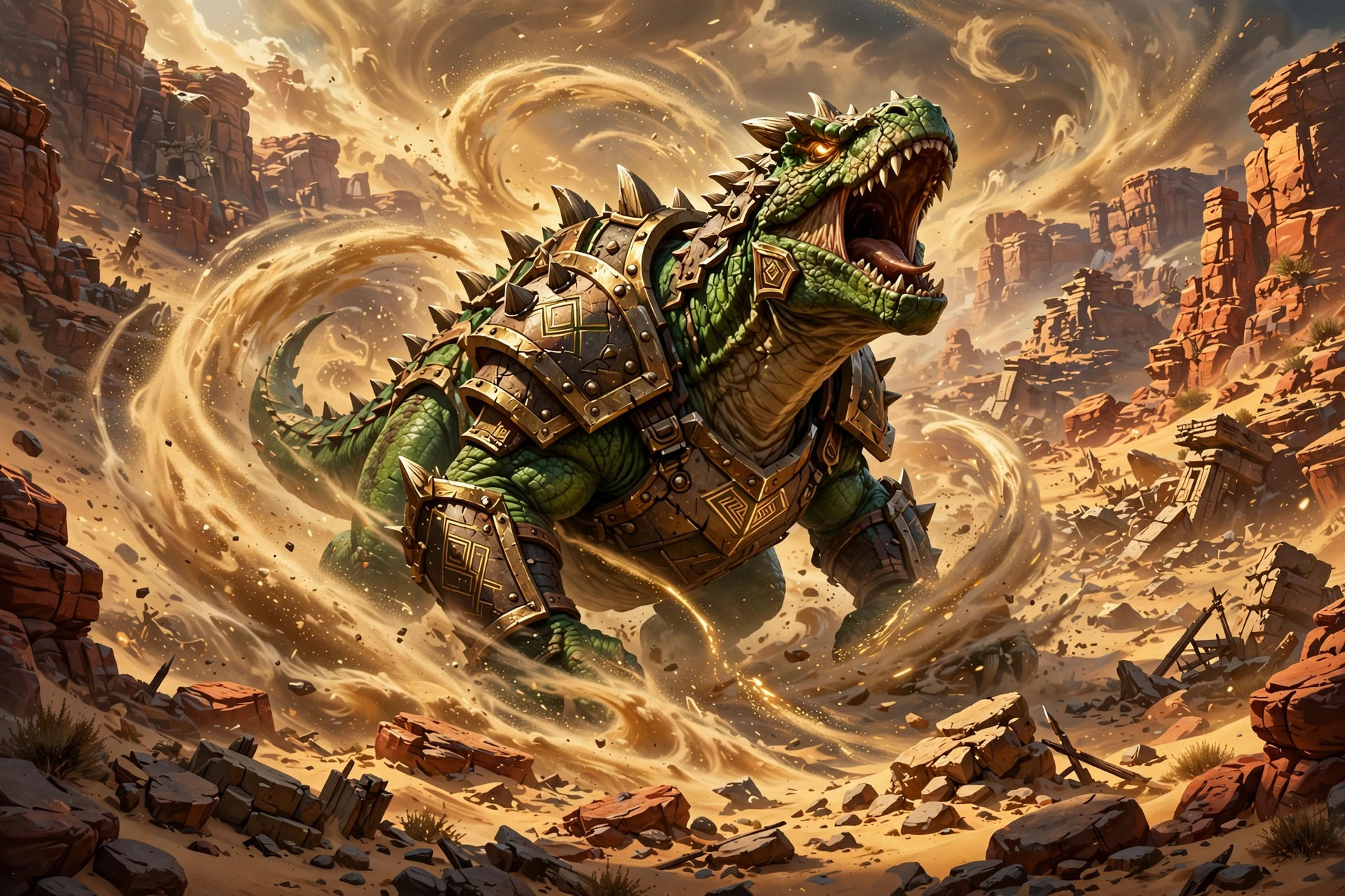 Armored green dinosaur creature roaring in a sandstorm