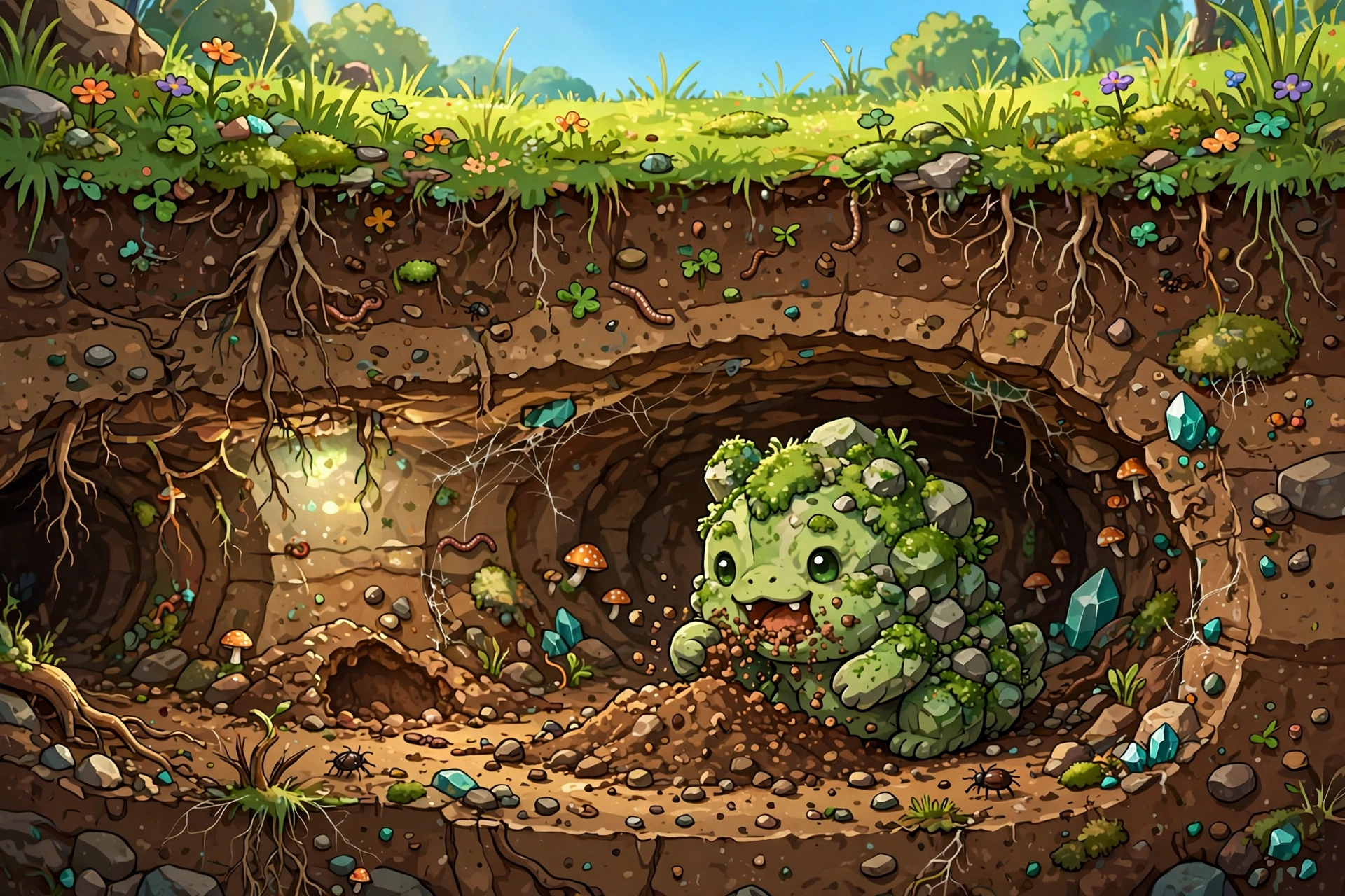 Small green rock creature inside an underground tunnel cross-section