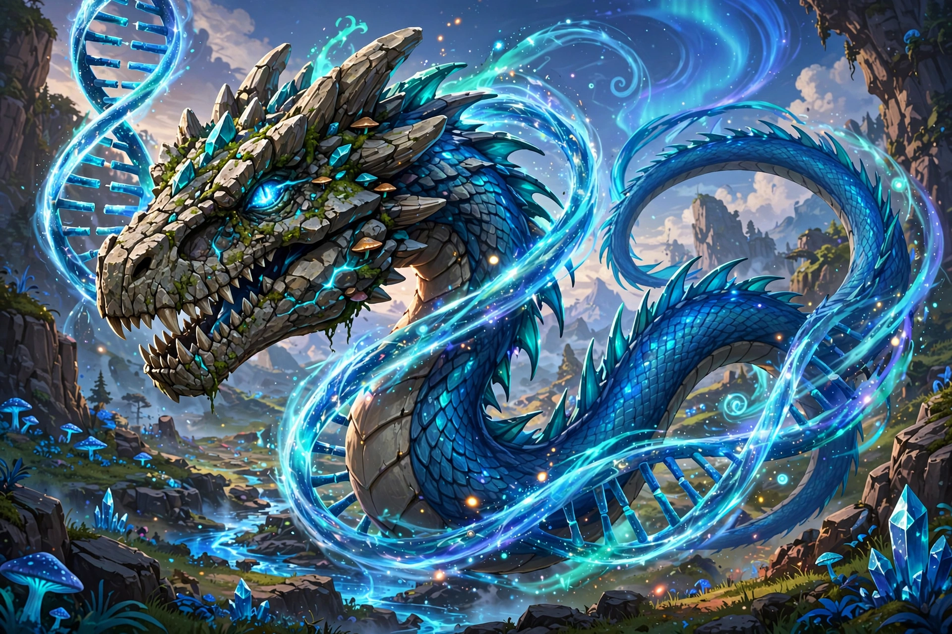 Rock dinosaur head fused with a blue dragon body concept