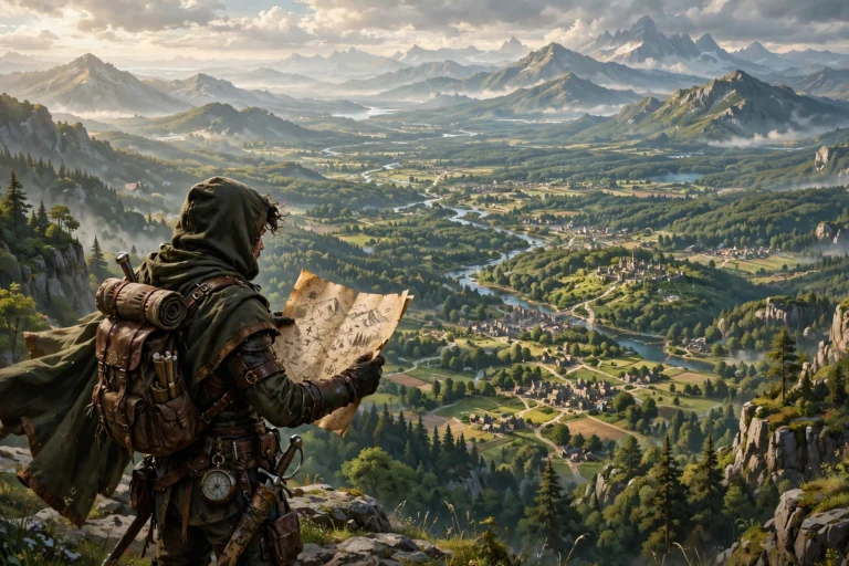 Adventurer exploring vast fantasy game world with map