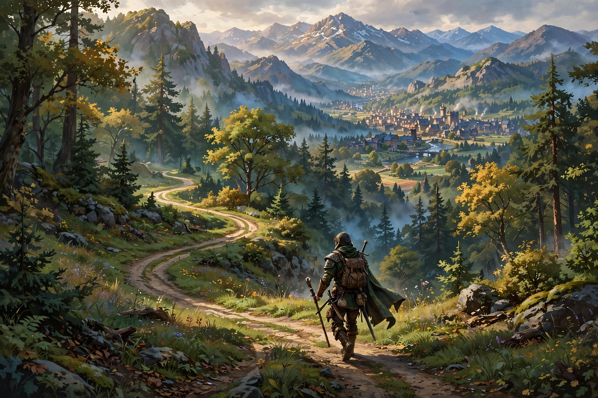 Hero walking winding path through forests and mountains